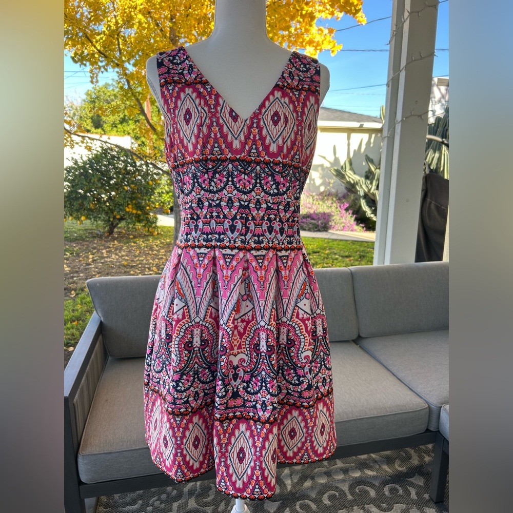 Vince Camuto Pink Multi-Print V-Neck Fit & Flare Mini Dress - Picture 2 of 6